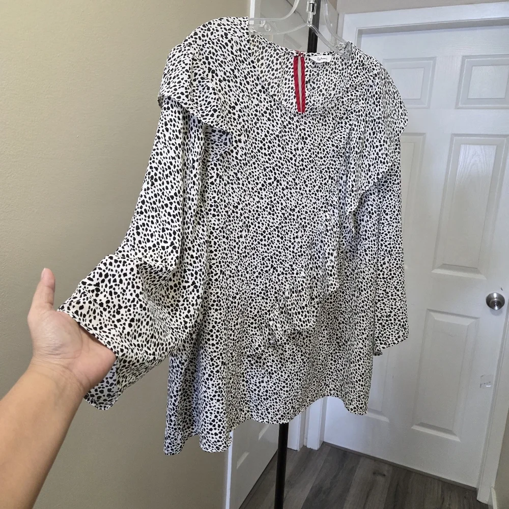 Reitmans Black & White Speckled Ruffle Blouse | Long Sleeve Workwear Top - Picture 3 of 9